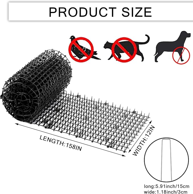 158" x 11.8" Extra Long Plastic Spike Barrier Mat with Spikes, Physical Pet Training Aid for Outdoor/Indoor, Furniture & Garden Protector for Cats and Dogs, Includes 14 Staples