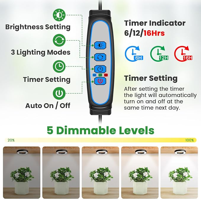 Wiaxulay Grow Lights for Indoor Plants, 48 LEDs Full Spectrum LED Plant Grow Light, Under Cabinet Grow Lamp with Auto Timer 6/12/16 Hrs, 3 Lighting Mode, 5 Brightness Levels, One Head (3.5in)