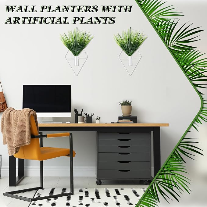 Canlierr 2 Pieces White Wall Decor Hanging Planters with Artificial Plants Metal Hanging Vase Indoor Plants Holder Modern Geometric Wall Art for Bathroom Bedroom Living Room Decor(Aquatic Plant)