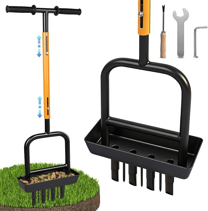 2-in-1 Manual Lawn Aerator Tool with Soil Core Storage Tray - 41.3" Heavy Duty Carbon Steel Garden Core Aerator Lawn Tool- Multifunctional Spike & Plug Aerator for Compacted Soil