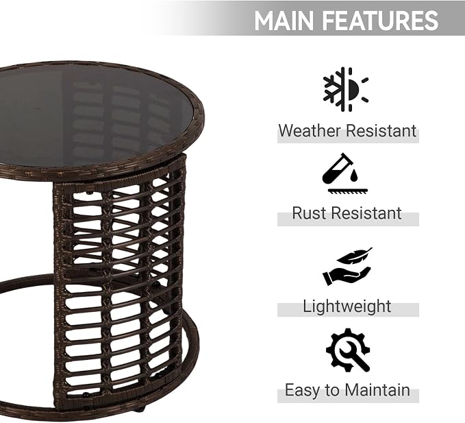 Patio Rattan Side Table - Outdoor Wicker Fashionable Side Table, Round End Table with Glass Table Top for Garden, Backyard, Porch, Deck, Black Gold