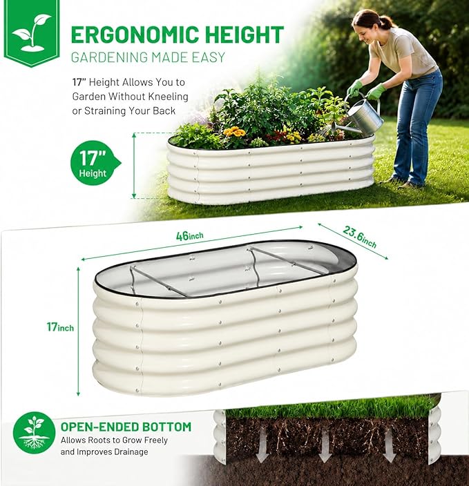 SnugNiture 4x2x1.5ft Raised Garden Bed Outdoor, 17" Tall Galvanized Metal Planter Box, Oval Raised Garden Bed Kit for Planting Vegetables Plants Fruits, Beige White