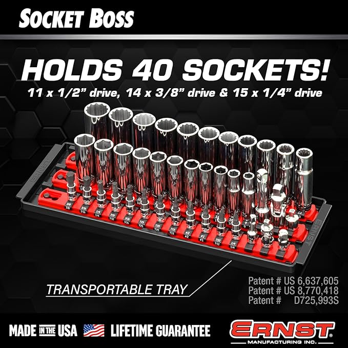 Ernst Manufacturing 8498HV 13-Inch Socket Boss, Premium 3-Rail Multi-Drive Socket Organizer, High Visibility - Made in USA