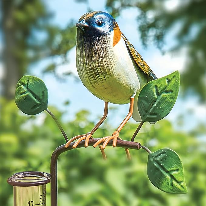 Bits and Pieces Bird Rain Gauge - 5 Inch Glass Rain Gauge with Metal Stake, Decorative Bird Yard Stake Lawn Garden Décor