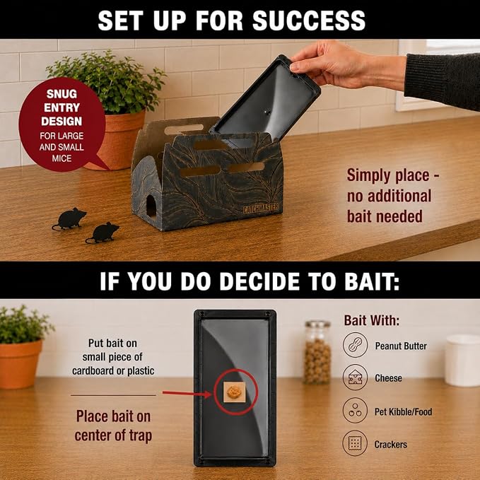 Catchmaster Catch & Toss: No-Touch, No-See Disposable Mouse Glue Traps Indoor, No Bait Needed (2 Pack), Catches up to 10 Mice — Pesticide-Free, 6 Months of Child & Pet Protection Sticky Mouse Traps