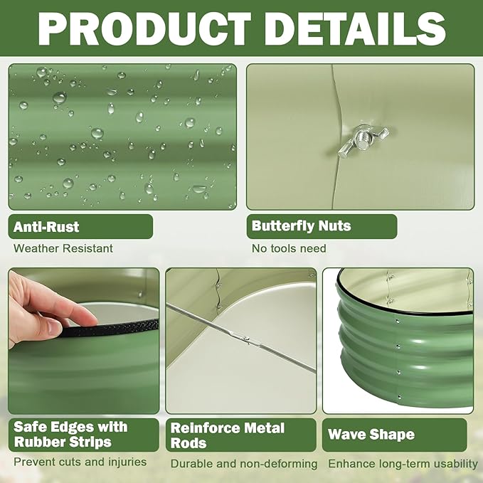 2 PCS Galvanized Raised Garden Bed 4x2x1 Ft, Oval Metal Outdoor Planter Box Kit with Safety Rubber Edge, Easy Assemble Bottomless Large Planting Container for Vegetable, Flower, Fruit, Green