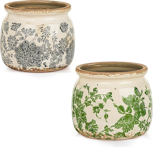 Sungmor Set of 2 Farmhouse Ceramic Planters with Drainage Hole,Vintage Crackle Glaze Flower Pots, Tuscan Decor Pots for Indoor/Outdoor Herbs,Succulents and Small Flowers