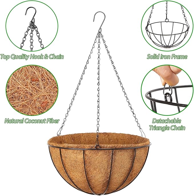 LCHUANG Hanging Baskets Planter for Plants - 2 Pack 10 Inch Metal Baskets with Coco Coir Liner, Hanging Flower Pots for Outside with Chain, Indoor Outdoor Garden Porch Decoration (10'' Pack of 2)