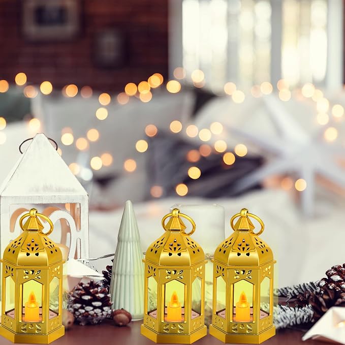 Hortsun 24 Pcs Vintage Lanterns Mini Lantern for Wedding Table Centerpiece Retro Decor with LED Candle Battery Powered Hanging for Medieval Wedding Cowboy Halloween Party Decoration Supplies(Glitter)