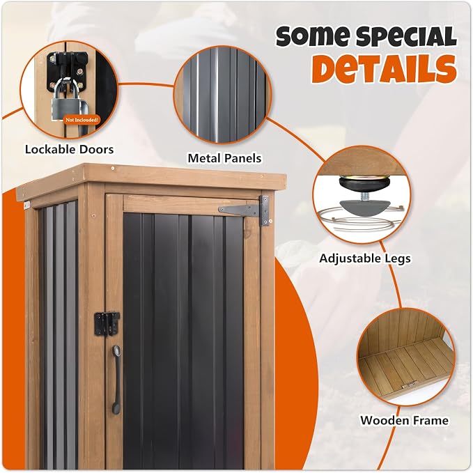 Outdoor Storage Cabinet Waterproof with Metal Top, Multi-Purpose Wood & Metal Potting Bench Tool Organizer with Adjustable Shelf, Garden Storage Box for Patio Backyard