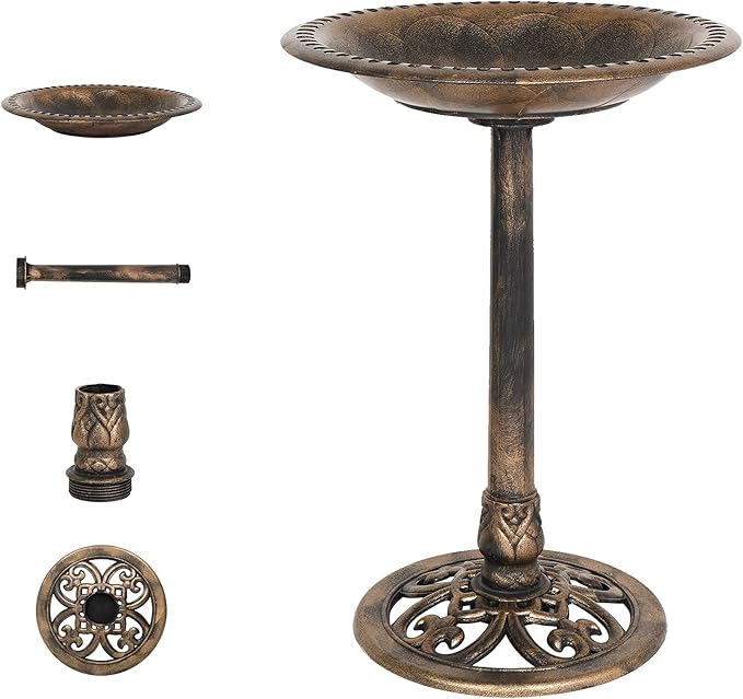 VINGLI Pedestal Bird Bath, Resin Birdbaths Weather Resistant Floral Accents and Vintage Finish Garden Decor for Outdoor Lightweight Courtyard