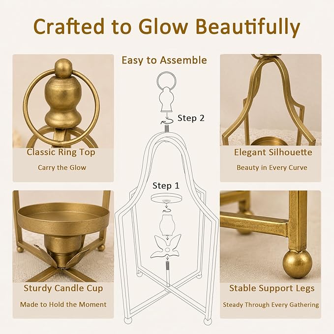12.5" & 16.5" Timeless Cozy Decorative Lanterns Set of 2, Handcrafted Metal Iron Candle Holders, Farmhouse Elegance Fireplace Mantel Table Festive Gatherings Decor (Antique Gold)