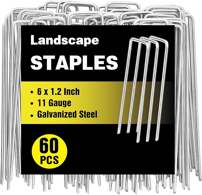 60 Pack 6 Inch Landscape Staples, Galvanized Garden Stakes 11 Gauge Plant Cover Stakes U-Shaped Tent Stakes Landscaping Pins Yard Ground Staples for Lawn, Turf, Fence, Irrigation Hose