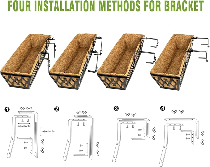 4 Pack 24 Inch Window Boxes Planters for Outdoor Plants Railing Planter Box with Adjustable Brackets for Windowsill Porch Fence Patio Hanging Flower Coco Baskets for Outside Decoration - Black