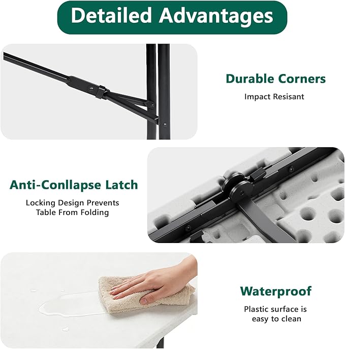 6FT Folding Table 2 Pack, Heavy Duty Plastic Table with Handel, 400 lbs Portable Table, Reinforced Steel Legs, Fold-in-Half Table Ideal for Parties, Picnics, Weddings, Camping White