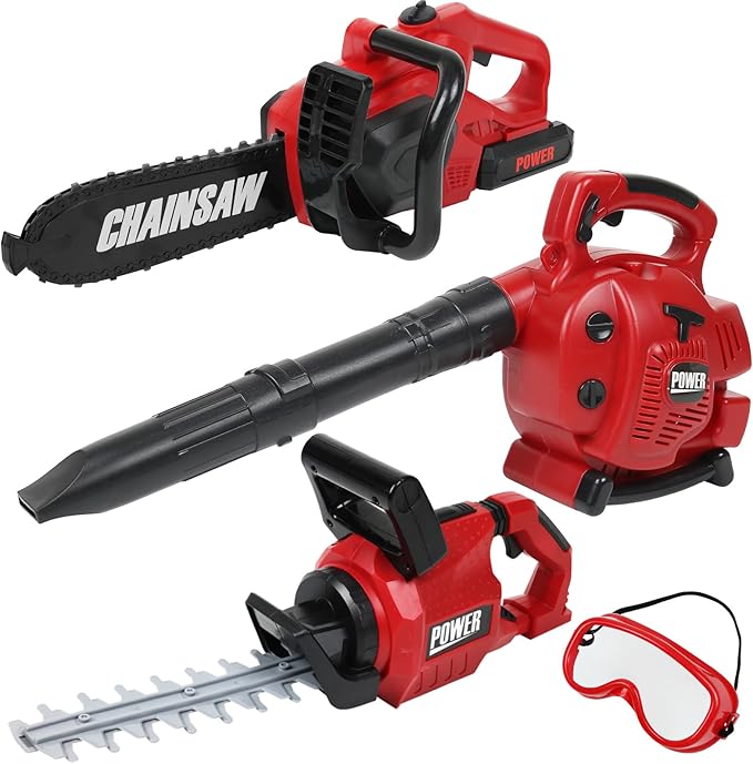 Power Garden Tools Set for Kids Battery Operated Toy Leaf Blower, Hedge Trimmer and Chainsaw Pretend Play for Boys Girls