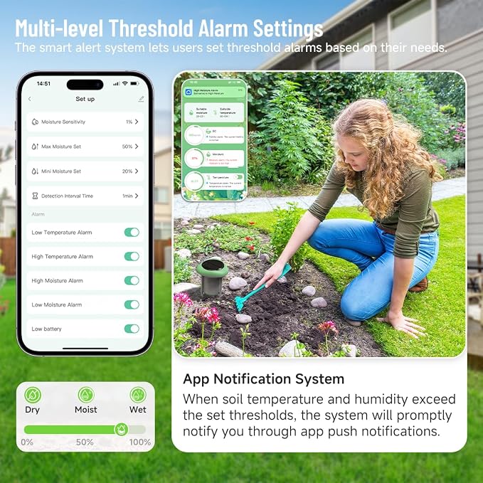 Smart 3-in-1 Soil Moisture/Temperature/Fertility Meter for Garden/Farming/Lawn, Soil Test Kit for Plant, GreenVation Digital Soil Sensor with Tuya/Smart Life APP Push Notification