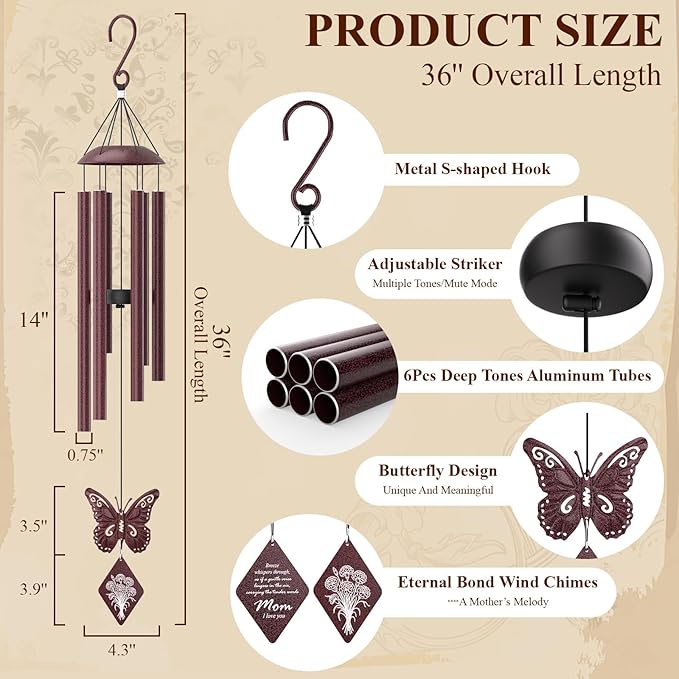 Butterfly Wind Chime, Unique Mom Gift Wind Chimes, Birthday Gifts Present for Mom Mother from Daughter Son, Best Gifts Ideas for Christmas Birthday Mother's Day, 36'' Deep Tone Windchime