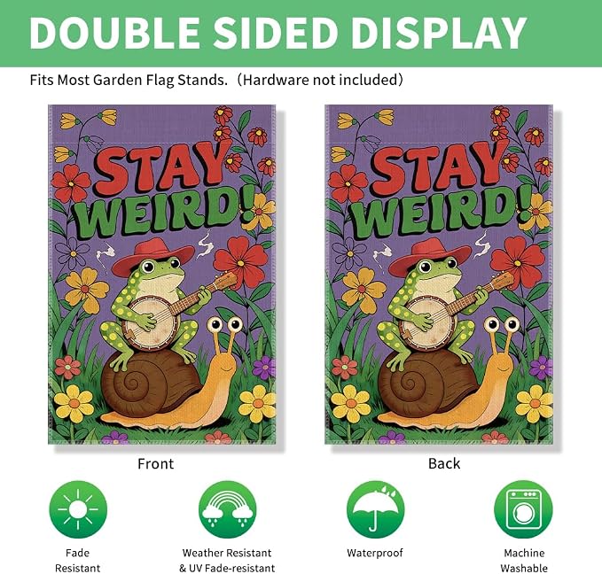 Perfectinsoy Stay Weird Funny Garden Flag, Inclusion Equality Human Rights LGBTQ Yard Banner, Retro Snail Frog Flags, Community Progress Welcome Yard Farmhouse Patio Lawn Spring Summer Outdoor Decor