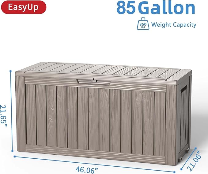 EasyUp 85 Gallon Outdoor Storage Box, Grey | Reinforced Stability, Waterproof & UV-Resistant, Resin Storage Box, Extra Seating, For Patio, Garden & Poolside