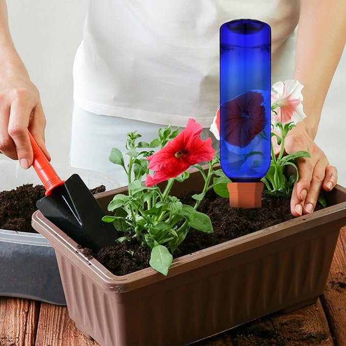 Teenyyou 12 Pcs Watering Spikes for Indoor Plants Include 6 Terracotta Self Watering Spikes Devices and 6 Pcs 26 oz Plastic Bottles Slow Release Vacation Insert Automatic(Blue)