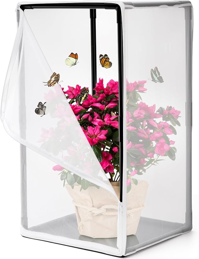 Kingrol Outdoor Insect & Butterfly Habitat Cage - Mesh Plant Enclosure for Pest/Bird Protection, Ideal for Breeding Butterflies, Soldier Flies, Ladybugs - 16.5 x 16.5 x 31 Inch