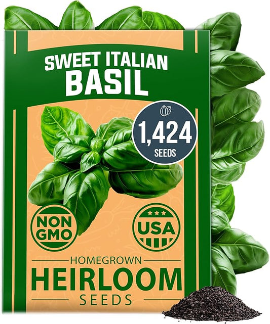 HOME GROWN Non GMO Italian Basil Seeds Bulk Pack 1,424 Sweet Large Leaf Basil Seeds for Planting and Heirloom Herb Seeds for Planting Indoors or Outdoors (Ocimum basilicum)