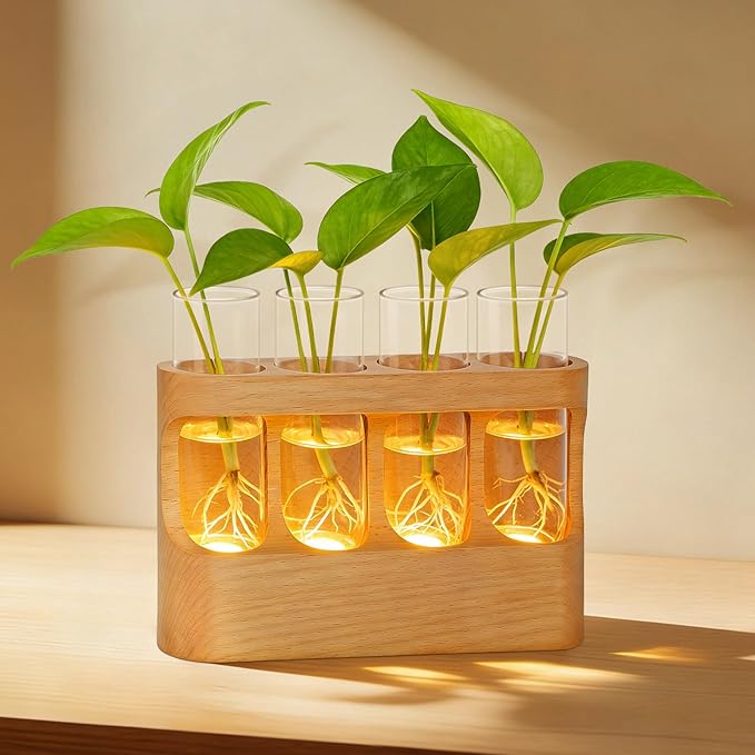 OUTON Rechargeable Plant Propagation Station with LED Light, Wooden Propagation Vase Set with Glass Tubes, Lighted Plant Terrarium for Indoor Plant Cuttings, Gift for Plant Lovers