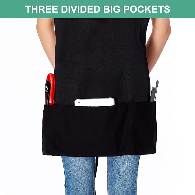 Jubatus 2 Pack 3 Pockets Adjustable Bib Apron Chef Kitchen Cooking Aprons for Women Men, Black