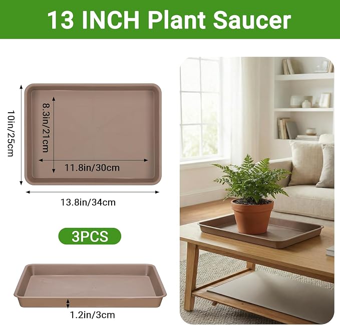 GREANER 3 Packs Plant Saucers for Indoors, 13 Inch Brown Plastic Tray, Rectangular Planter Trays and Saucers for Potted Plants