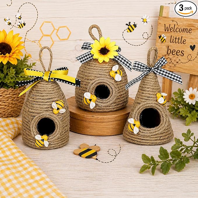 Bee Hive Decor,3 Pack Bumble Bee Rustic Hive,Natural Bee House, Bumble Bee Theme Party Decor Spring Summer Rustic Farmhouse Kitchecn Table Decorations, Honey Bee Tiered Tray Decoration