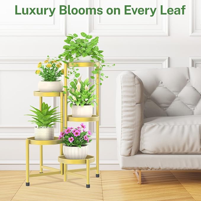 iDavosic.ly Plant Stand Indoor Outdoor, 5 Tier Corner Metal Flower Display Holder Shelf, Folding Tall Orchid Rack for Patio Balcony Porch Garden Living Room House, Gold