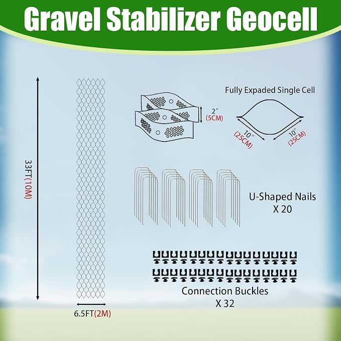 2" Thick Gravel Ground Grid 6.5ft x 33ft - Geo Grid Driveway Stabilization Grids, Gravel Retainer Grid 1885 LBS Per Sq ft, Geocell Geogrid for Walkway Driving RV Parking Slopes and Garden