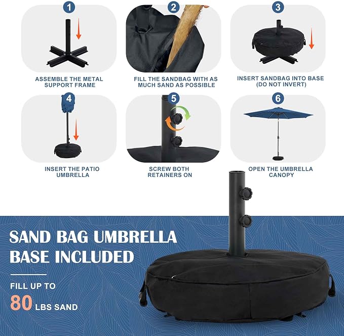 Sundale Outdoor 9FT Patio Umbrella with Sand Bag Umbrella Base, Outdoor Umbrella with Tilt and Crank, Navy