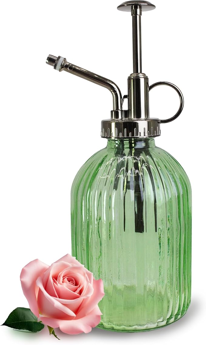 Glass Plant Mister Spray Bottle, 320ML Vintage Plant Spritzer with Top Pump Watering Can for Indoor Outdoor House Plants, Flowers (Green)