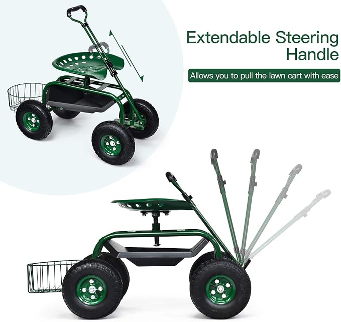 Giantex Rolling Garden Cart with Seat, 4-Wheel Gardening Workseat with Storage Basket, Swivel Stool Adjustable Seat, Steering Handle, Garden Utility Cart, Steel Frame (Green)