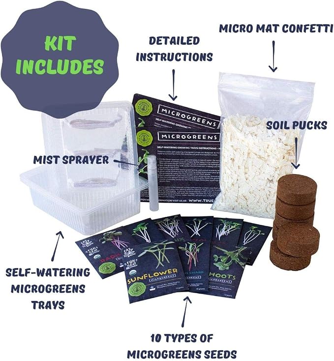 Self-Watering Indoor Microgreens Kit – Soil and Hydroponic Combo Pack – Complete Growing Set for Vegetable and Herb Microgreens – Includes Broccoli, Radish, Chard, Cilantro Seeds, and More