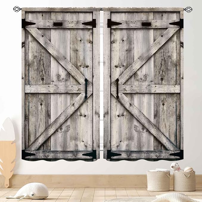 Barn Door Curtains, Farmhouse Rustic Gray Barn Door Country Cottage Western Barnwood Garage Blackout Window Treatments for Kitchen Living Room Bedroom Cafe, 42"x45" Inch