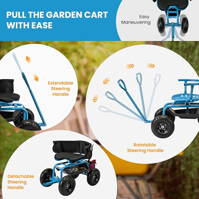 Byroce Rolling Garden Cart with Seat, Heavy Duty Wheelbarrow Utility Cart with Metal Frame, Swivel Seat, Tool Tray, Storage Basket & Adjustable Handle, Outdoor Garden Wagon Scooter for Yard (Blue)