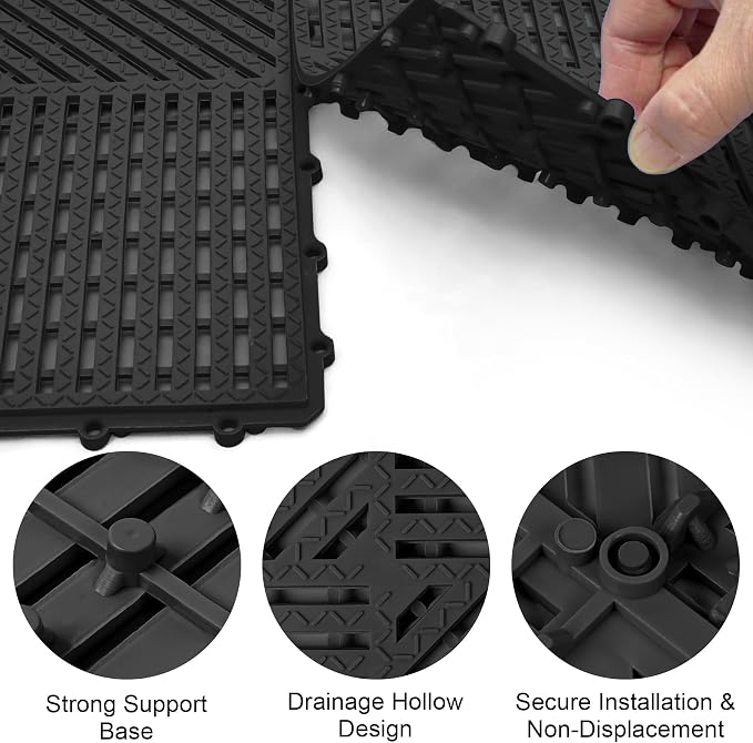 MYFAMIREA Modular Interlocking Cushion 12 Pack 11.8" x 11.8" Rubber Floor Tiles Non-Slip Splicing Drainage Mats for Deck, Pool, Shower, Patio, Balcony, Bathroom, Kitchen, Yard (Diagonal, Black)