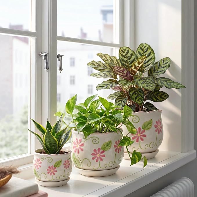 STHIE Pink Ceramic Flower Pots, 4"+5.2"+6.6" Inch Small Flower Pots for Indoor Plant with Drainage Hole,Modern Decorative Plant Pots Set of 3, Indoor Planters with Saucer