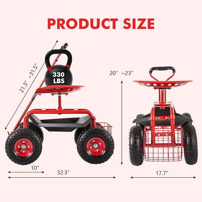 KINTNESS Garden Cart Seat Rolling Scooter Wagon with Extendable Steering Handle Swivel Seat & Utility Basket (Red)
