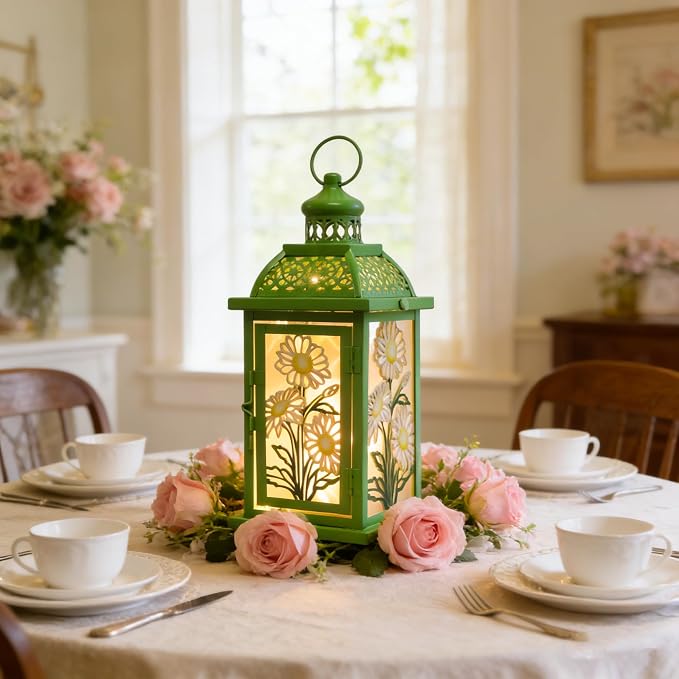 Spring Decorations for Home, 14.4" Decorative Daisy Green Lantern with 61" LED Lights(No Battery) for Home Indoor Outdoor Decor, Hanging Metal Candle Holders for Spring St.Patrick’s Day Gift