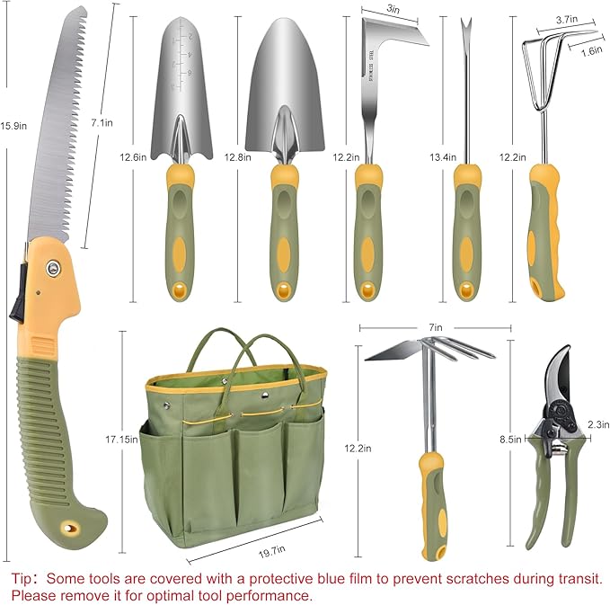 Garden Tool Set, WisaKey 9 Piece Stainless Steel Heavy Duty Gardening Hand Tools Durable Garden Tool Bag Gardening Gifts for Women and Men Fathers Day for Dad Husband