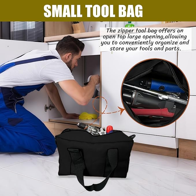BLIRITEL 14 Inch Wide Mouth Tool Bag, Heavy Duty Canvas Tool Storage Bag, Large Capacity Handbag, Multi-function Tool Organizer Tote Bag for Storage Wrenches Pliers (Black, 14 Inch)