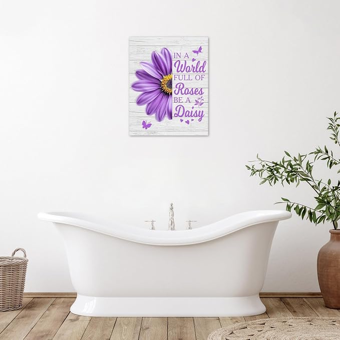 LB Purple Daisy Floral Wall Art- Farmhouse Flower Funny Inspirational Quote Bathroom Wall Decor- Rustic Butterfly Framed Artwork Canvas Pictures for Living Room Bedroom Kitchen Office,12Lx12W inch