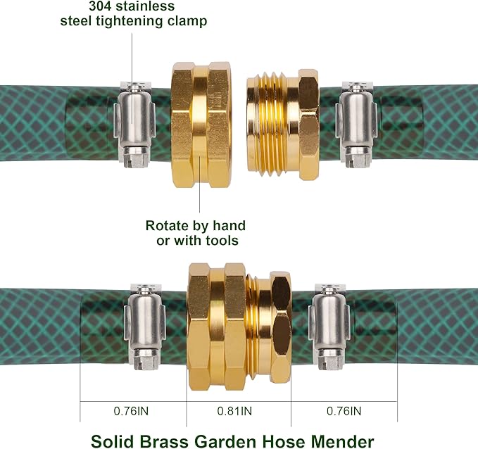 Biswing Garden Hose Repair Connector with Clamps, 5/8" Barb x 3/4" GHT Thread Aluminum Water Hose Pipe Repair Kit, Female and Male Hose Connectors with Stainless Steel Clamp, 2 Pack
