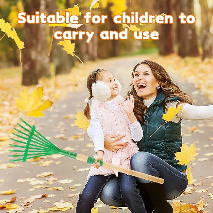 Kids Rakes with Hardwood Handle - Metal Kids Leaves Rakes, 28" Child Size Lawn Rakes with Vibrant Green Heads, Garden Tool Set for Kids Boys and Girls