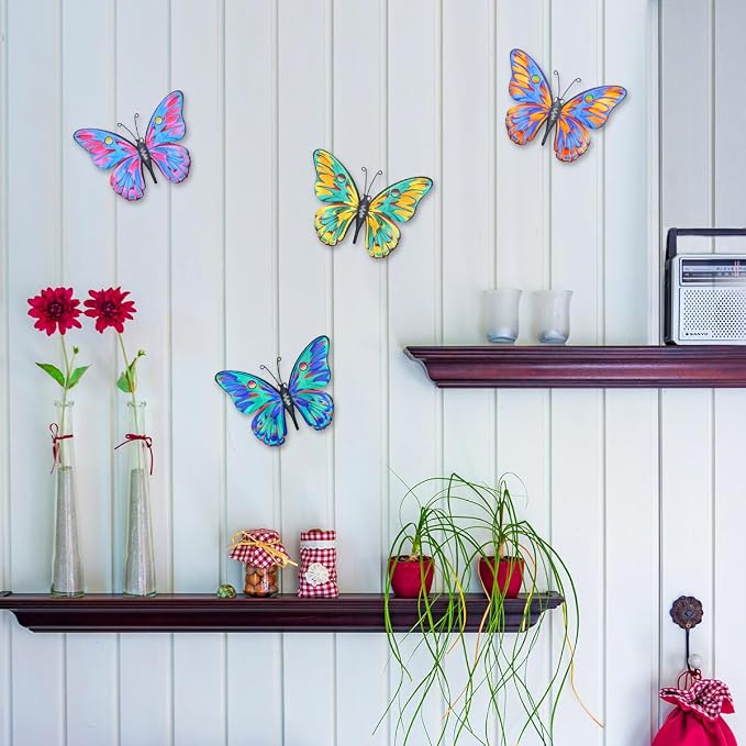 Daogtc Metal Butterfly Wall Decor - 9.6" Outdoor Fence Wall Art Decor, Hanging Decoration for Garden Yard Living Room Bedroom Patio Balcony(4 Pack) (Butterfly-G)