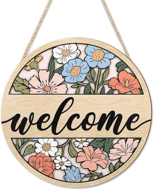 HOURIA 3D Vintage Welcome Front Door Sign(11.4”x11.4”),Boho Daisy Flower Wooden Door Wreath,Rustic Spring Summer Floral Wall Hanging Decor for Farmhouse Porch Home Indoor Office